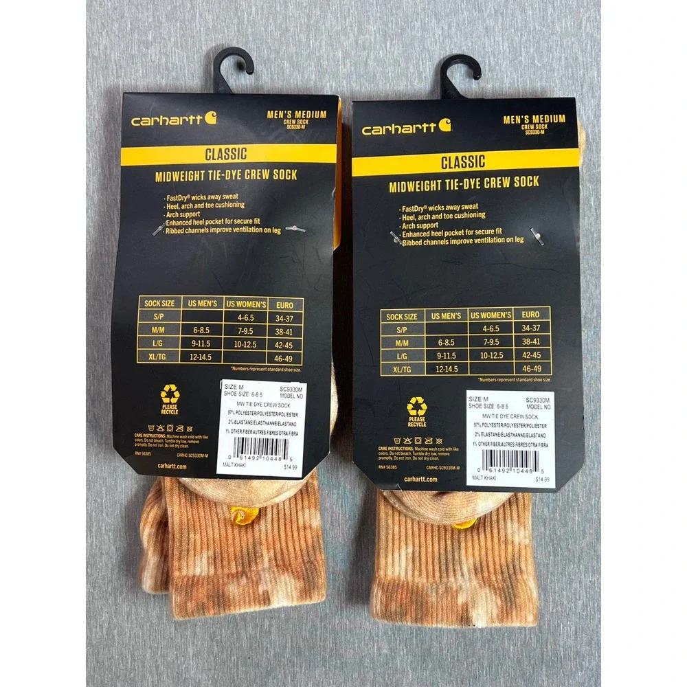 Carhartt Men Medium Midweight Tie-Dye Crew Socks 2 Pair Malt Khaki  Mens 6-8.5